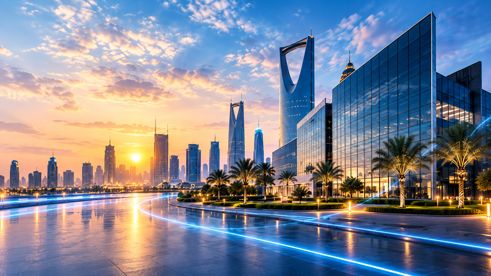 أفق الرياض عند غروب الشمس مع مبانٍ زجاجية حديثة ومسارات مضيئة